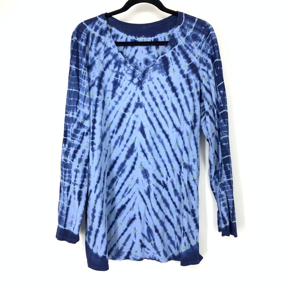 J. Jill Tie Dyed Cotton Tee Womens XL Blue Navy Long Sleeve Crew Neck